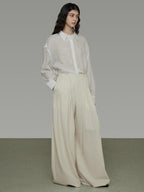 unspoken Breathable Embroidered Loose Polo Women Ramie Lyocell White Button Shirts