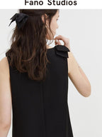 fano Minimal Bow High Waist A Line Sleeveless Round Neck Workwear Black Midi Dresses