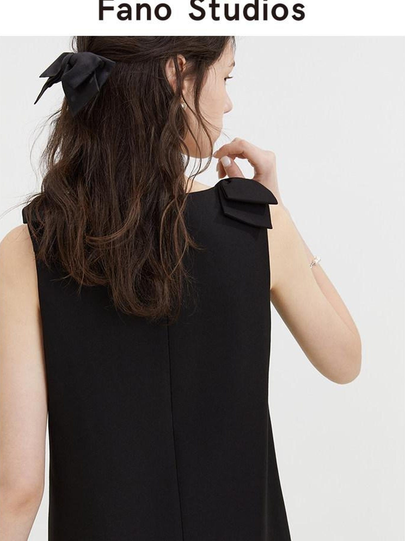 fano Minimal Bow High Waist A Line Sleeveless Round Neck Workwear Black Midi Dresses
