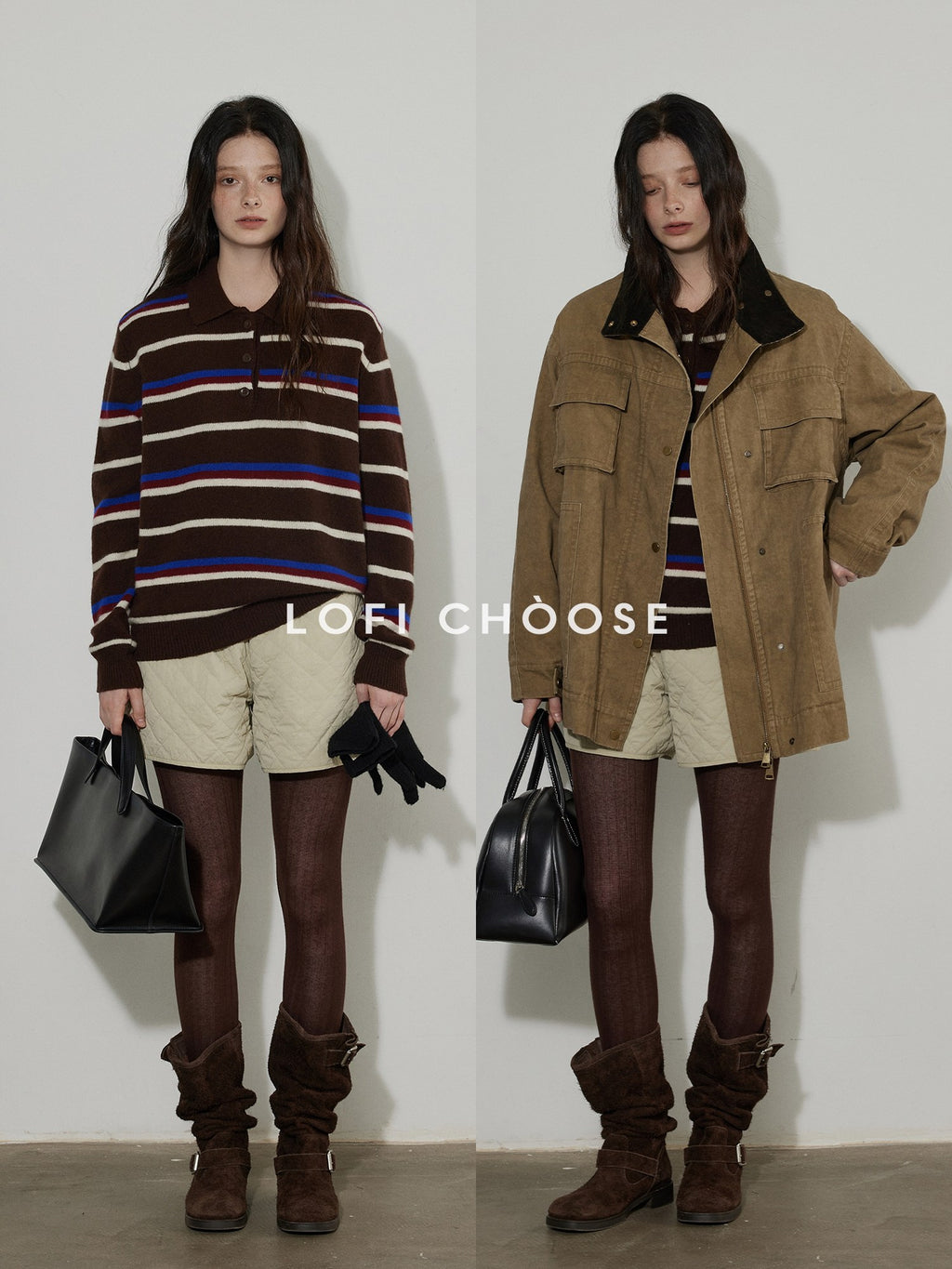 Lofi choose Colorblock Striped Polo Collar Relaxed Fit Commuter Women Knitwear Sweaters