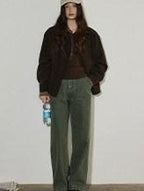 Lofi choose Zip Front Loose Fit Commuter Office Long Sleeve Dark Brown Women Cropped Jackets