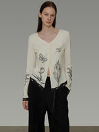 unspoken Soft Cotton Blend Relaxed Fit Floral Print V-neck Long Sleeve Women Blouses