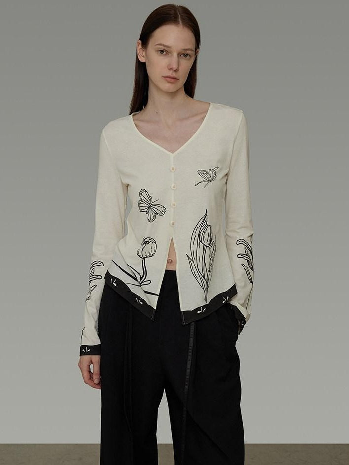 unspoken Soft Cotton Blend Relaxed Fit Floral Print V-neck Long Sleeve Women Blouses