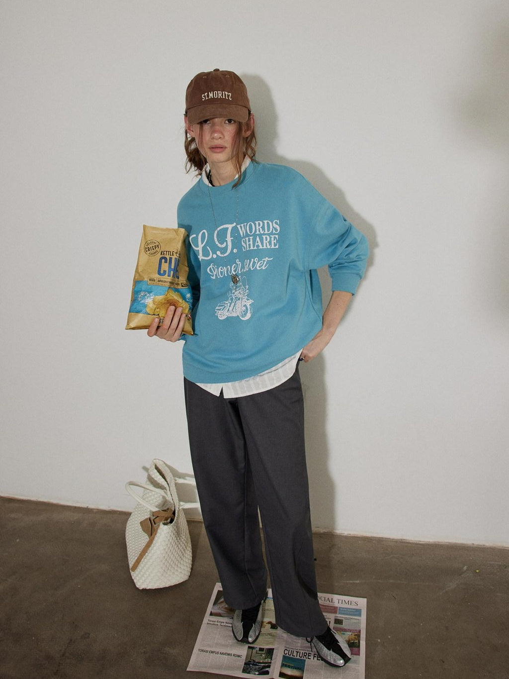 Lofi choose Cozy Oversized Crewneck Long Sleeve Commuter Blue Khaki Sweatshirt