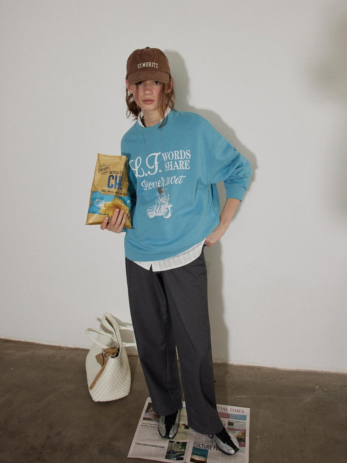 Lofi choose Cozy Oversized Crewneck Long Sleeve Commuter Blue Khaki Sweatshirt