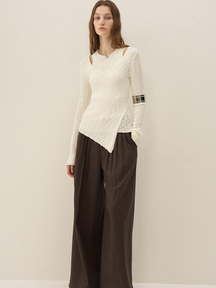 someone sometimes Polyester Blend Knit V-neck Slim Fit Sweet Ivory Women Long Sleeve T-Shirts