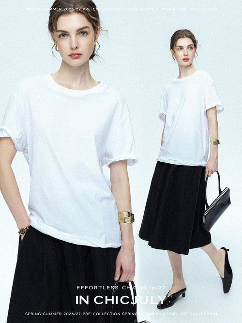 chicjuly 3d Fishbone Twist Edge Minimalist Women's Cotton Off White Short Sleeve T-shirts