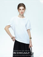 chicjuly 3d Fishbone Twist Edge Minimalist Women's Cotton Off White Short Sleeve T-shirts