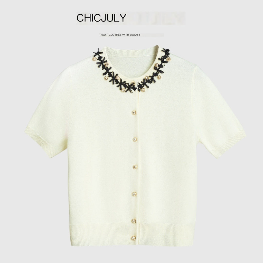 chicjuly 3d Handmade Bow Rhinestone Neck Women's Cashmere Wool Short Sleeve T-shirts 884635818659