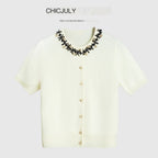 chicjuly 3d Handmade Bow Rhinestone Neck Women's Cashmere Wool Short Sleeve T-shirts 884635818659