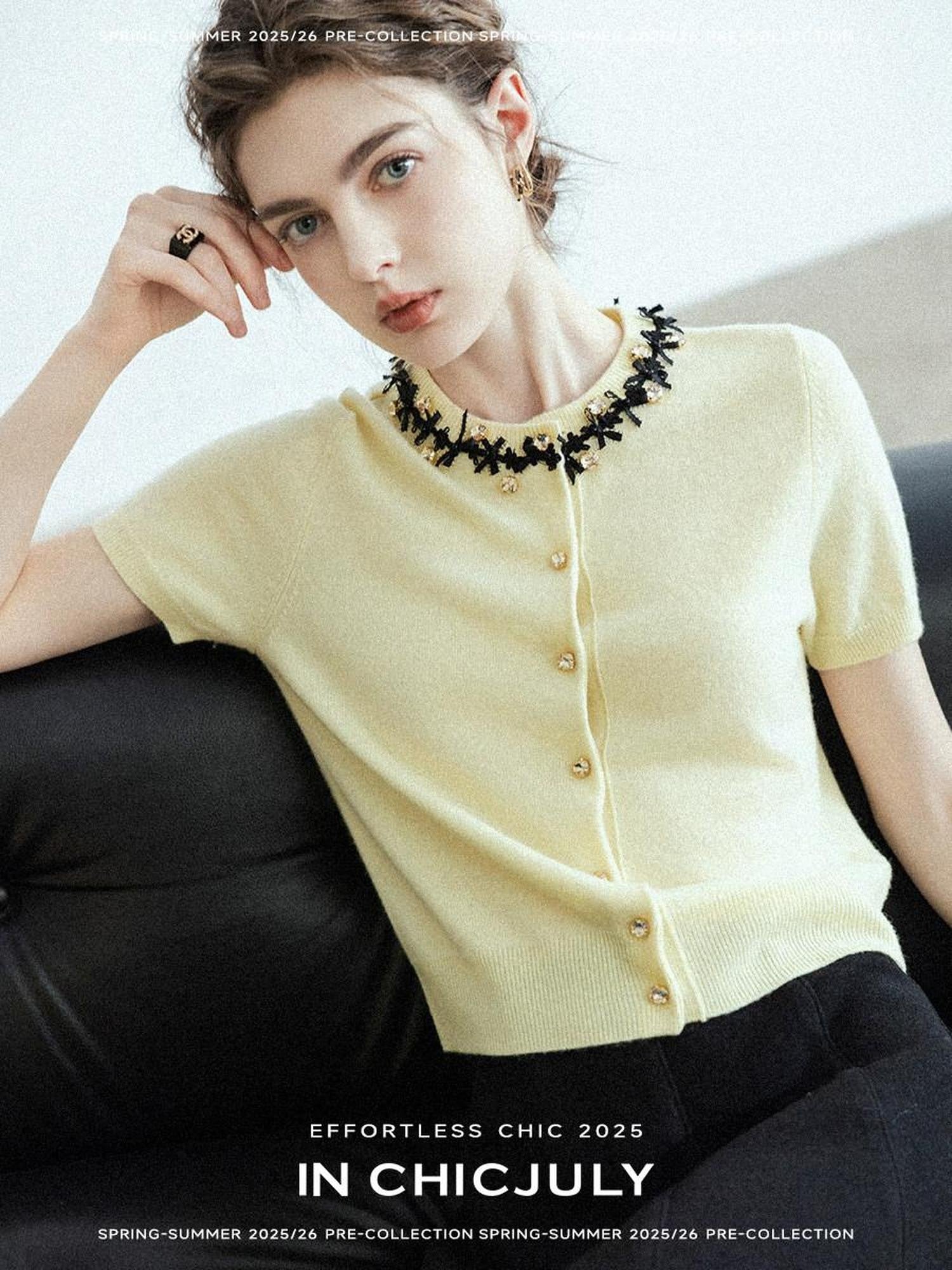 chicjuly 3d Handmade Bow Rhinestone Neck Women's Cashmere Wool Short Sleeve T-shirts