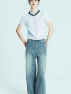 chicjuly 3d Handmade Bow Rhinestone Neck Women's Cashmere Wool Short Sleeve T-shirts