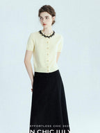 chicjuly 3d Handmade Bow Rhinestone Neck Women's Cashmere Wool Short Sleeve T-shirts