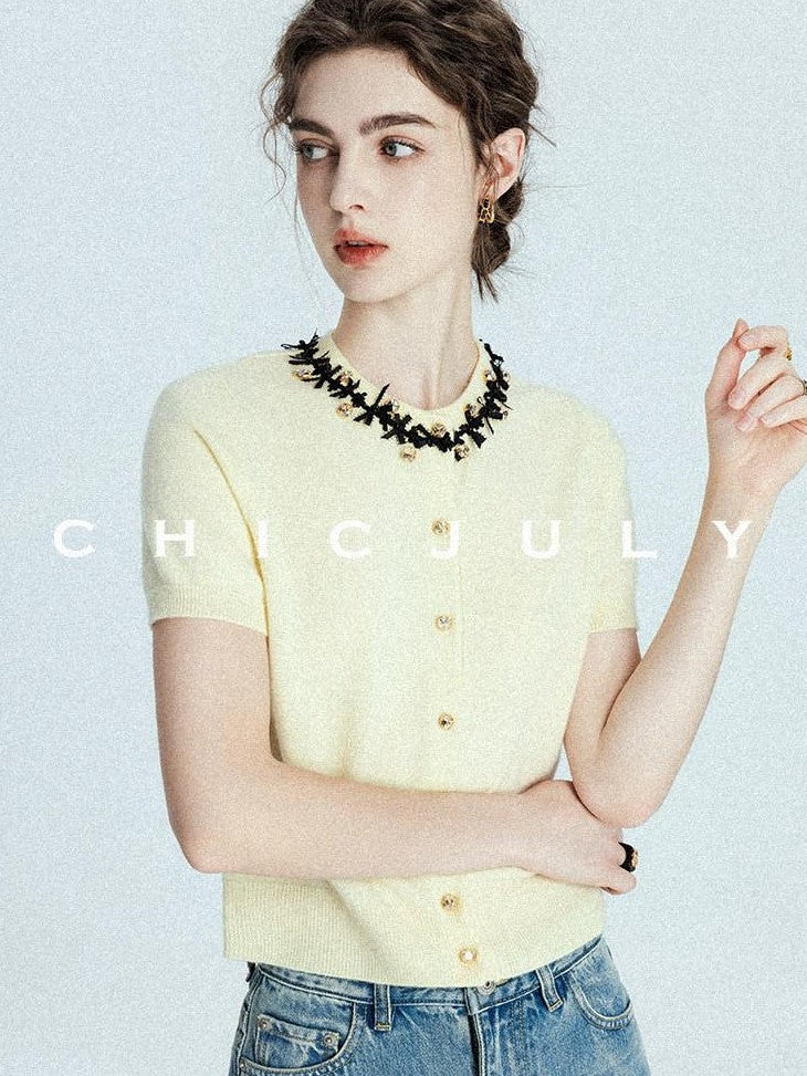 chicjuly 3d Handmade Bow Rhinestone Neck Women's Cashmere Wool Short Sleeve T-shirts