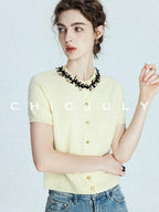 chicjuly 3d Handmade Bow Rhinestone Neck Women's Cashmere Wool Short Sleeve T-shirts