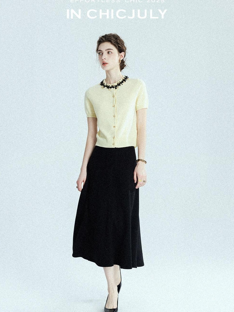 chicjuly 3d Handmade Bow Rhinestone Neck Women's Cashmere Wool Short Sleeve T-shirts