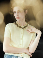 chicjuly 3d Handmade Bow Rhinestone Neck Women's Cashmere Wool Short Sleeve T-shirts