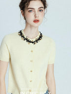 chicjuly 3d Handmade Bow Rhinestone Neck Women's Cashmere Wool Short Sleeve T-shirts