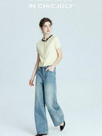 chicjuly 3d Handmade Bow Rhinestone Neck Women's Cashmere Wool Short Sleeve T-shirts