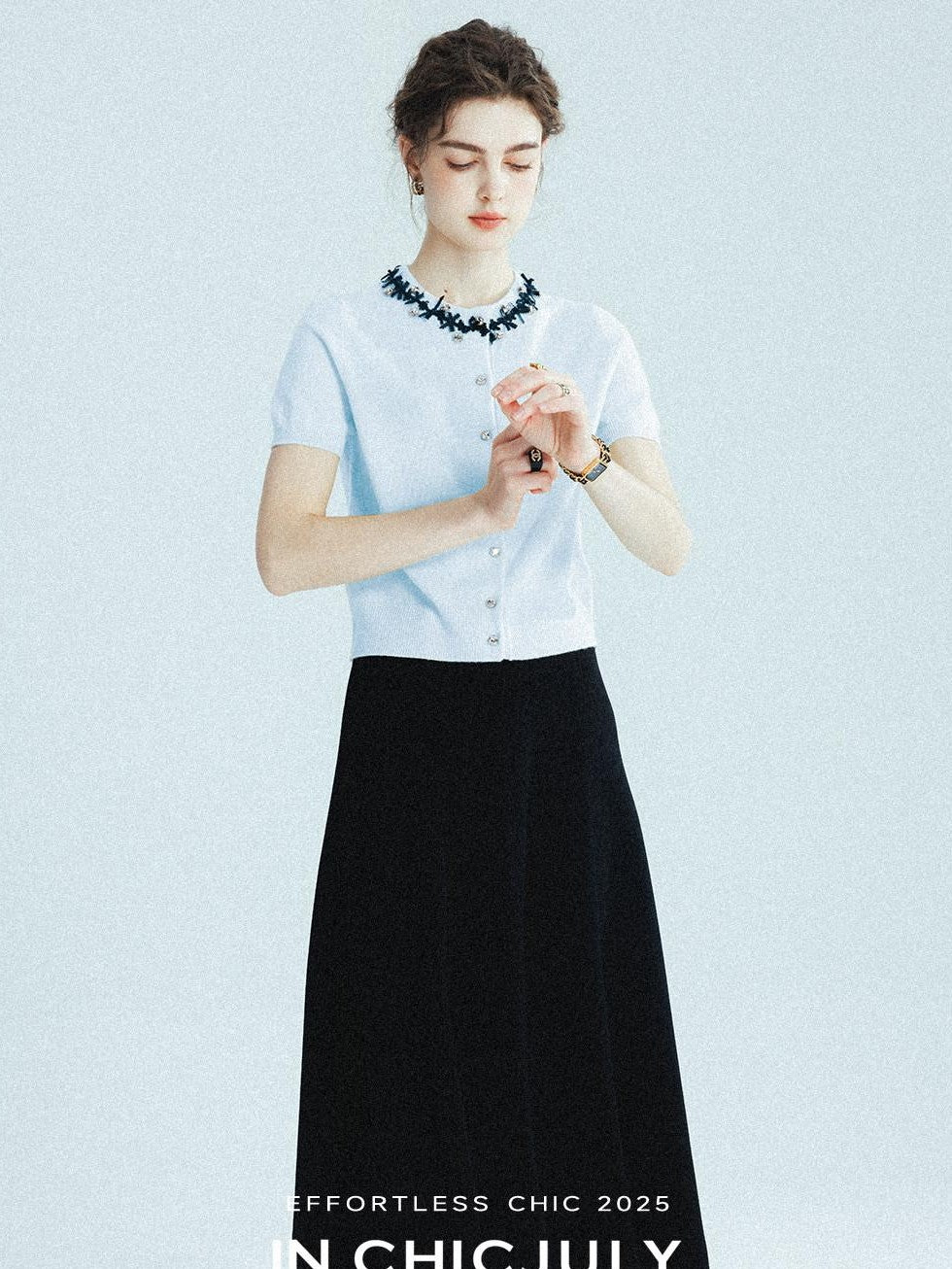 chicjuly 3d Handmade Bow Rhinestone Neck Women's Cashmere Wool Short Sleeve T-shirts