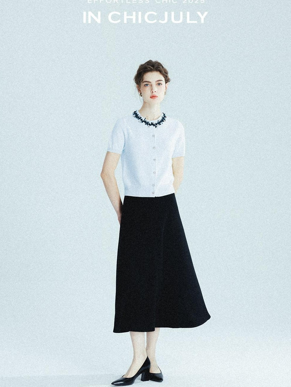 chicjuly 3d Handmade Bow Rhinestone Neck Women's Cashmere Wool Short Sleeve T-shirts