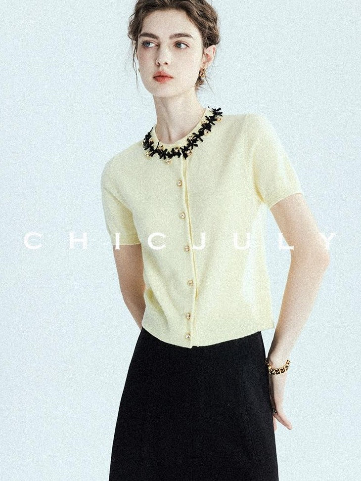 chicjuly 3d Handmade Bow Rhinestone Neck Women's Cashmere Wool Short Sleeve T-shirts