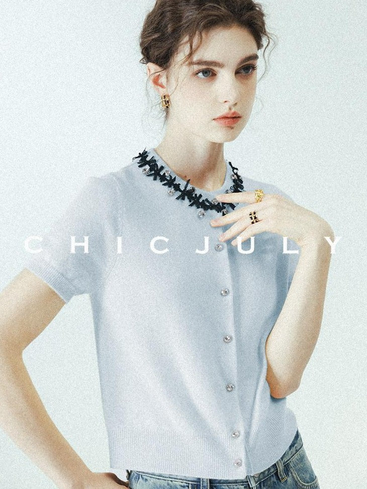 chicjuly 3d Handmade Bow Rhinestone Neck Women's Cashmere Wool Short Sleeve T-shirts