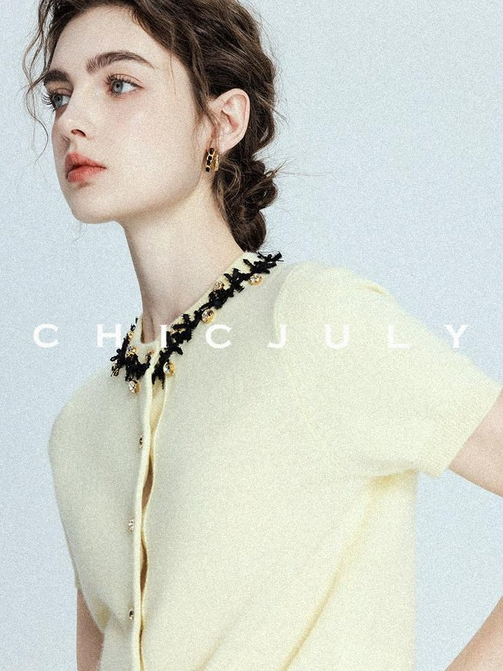chicjuly 3d Handmade Bow Rhinestone Neck Women's Cashmere Wool Short Sleeve T-shirts