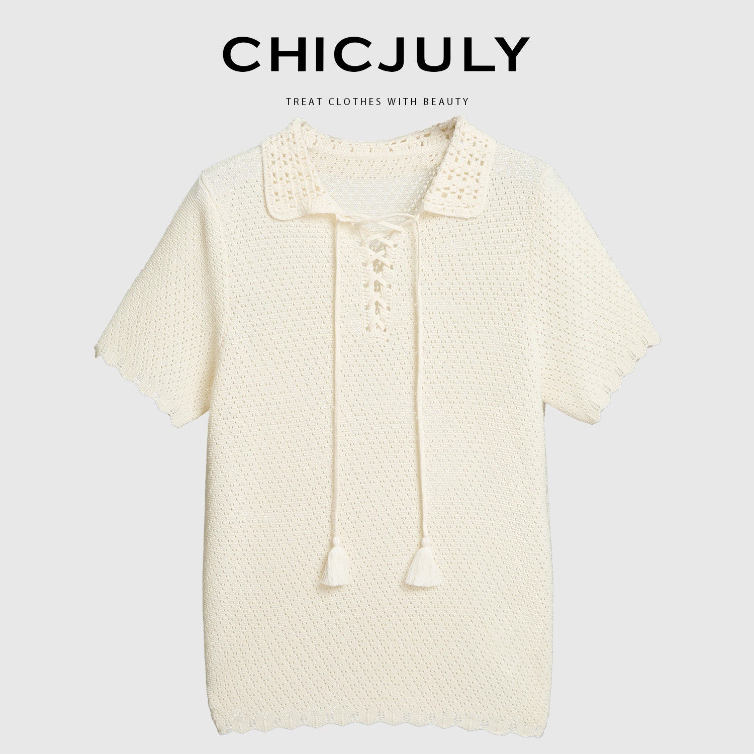 chicjuly Almond Crochet Lace Textured Knit Women's Lyocell Linen Short Sleeve T-shirts 918141816426