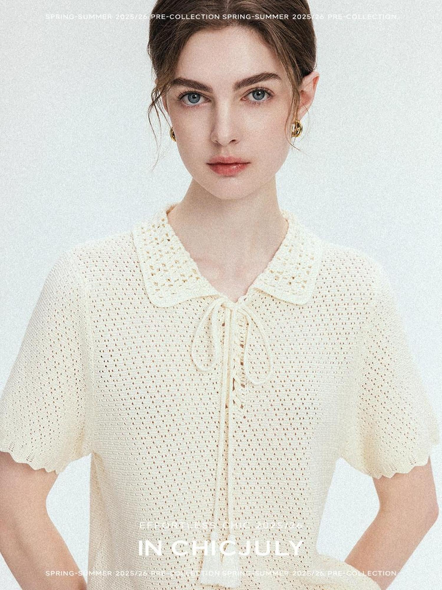 chicjuly Almond Crochet Lace Textured Knit Women's Lyocell Linen Short Sleeve T-shirts
