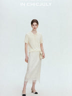 chicjuly Almond Crochet Lace Textured Knit Women's Lyocell Linen Short Sleeve T-shirts