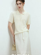 chicjuly Almond Crochet Lace Textured Knit Women's Lyocell Linen Short Sleeve T-shirts