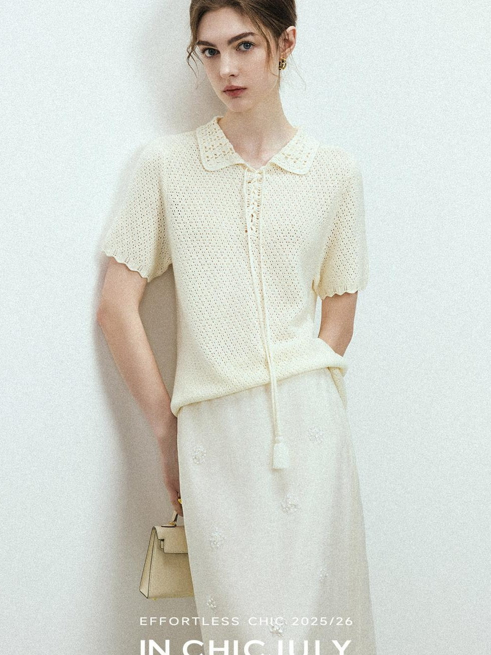 chicjuly Almond Crochet Lace Textured Knit Women's Lyocell Linen Short Sleeve T-shirts