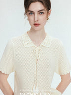 chicjuly Almond Crochet Lace Textured Knit Women's Lyocell Linen Short Sleeve T-shirts