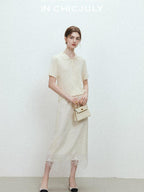 chicjuly Almond Crochet Lace Textured Knit Women's Lyocell Linen Short Sleeve T-shirts