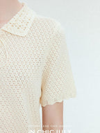 chicjuly Almond Crochet Lace Textured Knit Women's Lyocell Linen Short Sleeve T-shirts