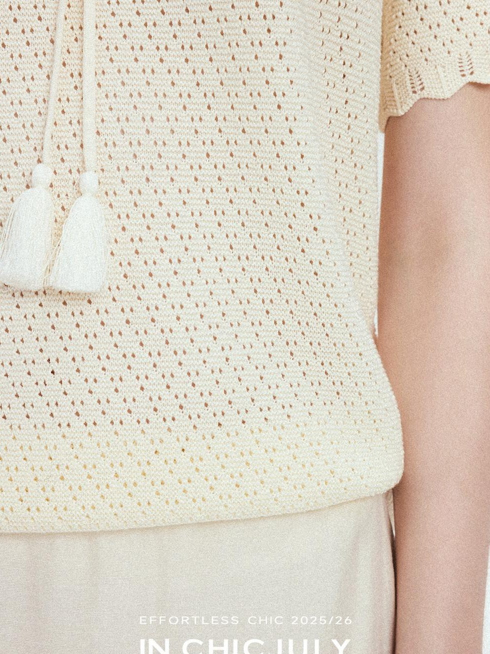 chicjuly Almond Crochet Lace Textured Knit Women's Lyocell Linen Short Sleeve T-shirts
