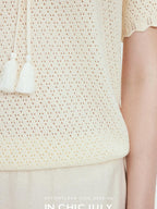 chicjuly Almond Crochet Lace Textured Knit Women's Lyocell Linen Short Sleeve T-shirts