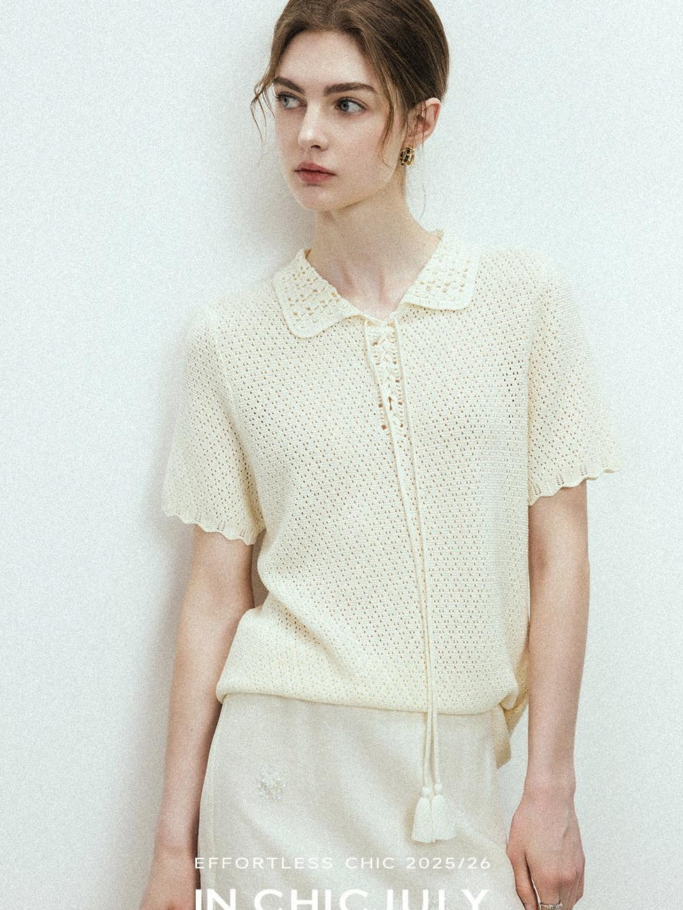 chicjuly Almond Crochet Lace Textured Knit Women's Lyocell Linen Short Sleeve T-shirts