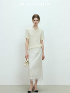 chicjuly Almond Crochet Lace Textured Knit Women's Lyocell Linen Short Sleeve T-shirts