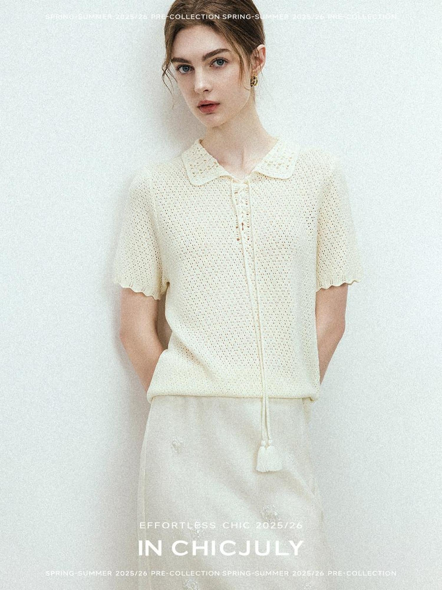 chicjuly Almond Crochet Lace Textured Knit Women's Lyocell Linen Short Sleeve T-shirts