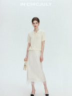chicjuly Almond Crochet Lace Textured Knit Women's Lyocell Linen Short Sleeve T-shirts
