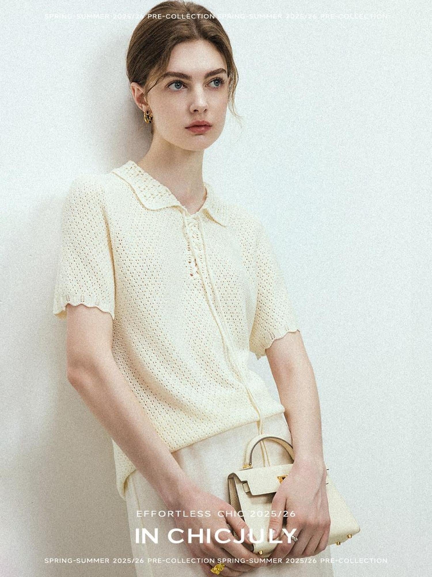 chicjuly Almond Crochet Lace Textured Knit Women's Lyocell Linen Short Sleeve T-shirts