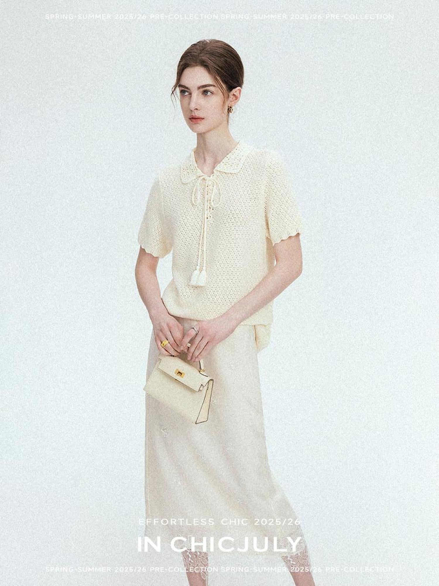 chicjuly Almond Crochet Lace Textured Knit Women's Lyocell Linen Short Sleeve T-shirts