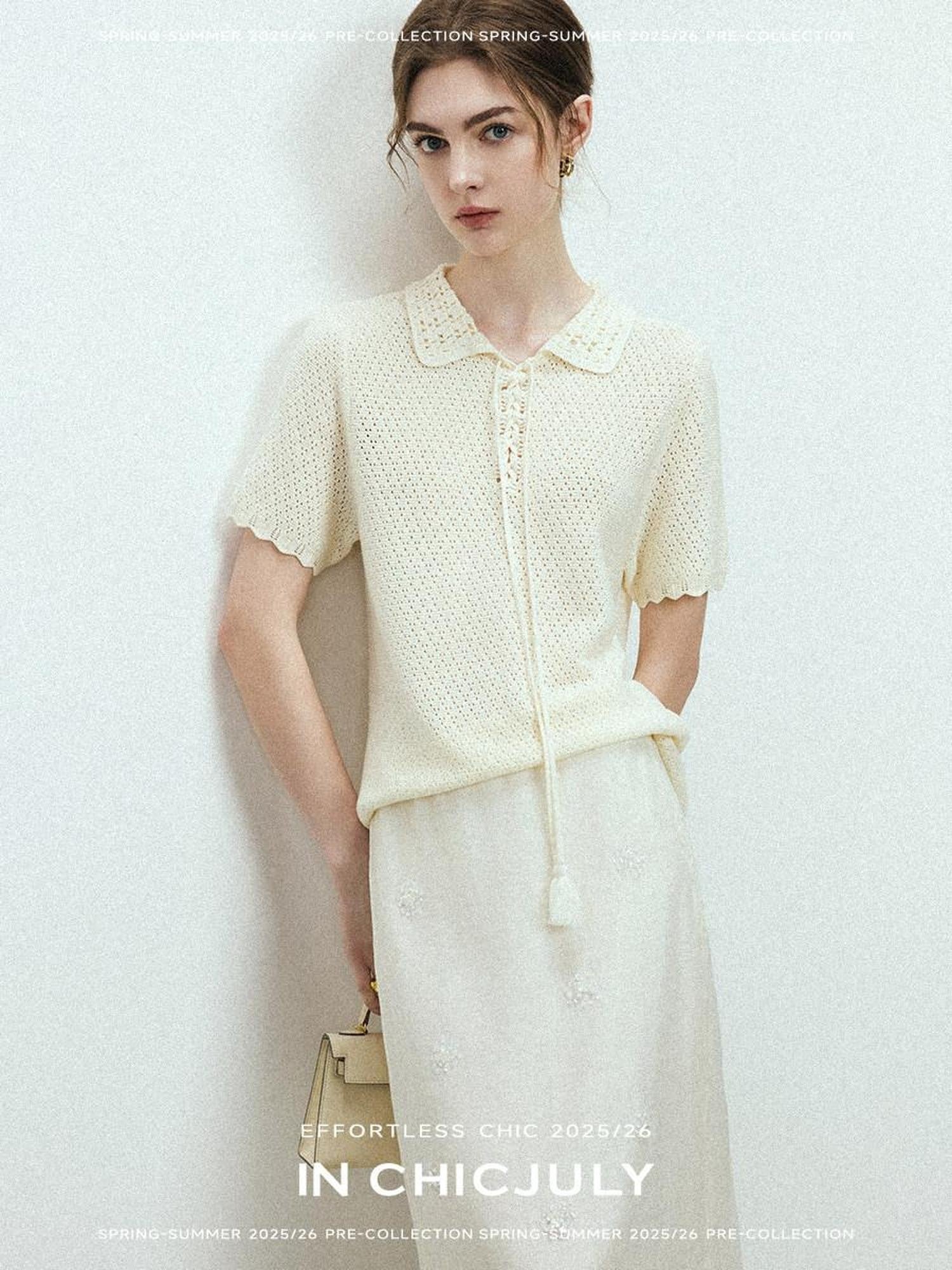 chicjuly Almond Crochet Lace Textured Knit Women's Lyocell Linen Short Sleeve T-shirts