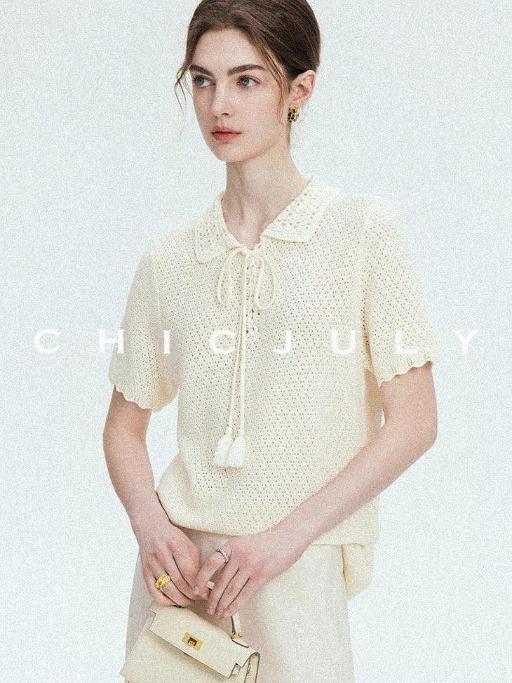 chicjuly Almond Crochet Lace Textured Knit Women's Lyocell Linen Short Sleeve T-shirts