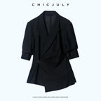 chicjuly Asymmetric Cinched Waist Cropped Women's Blazer Mid Sleeve Black Casual Jackets 1032361814714