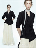chicjuly Asymmetric Cinched Waist Cropped Women's Blazer Mid Sleeve Black Casual Jackets