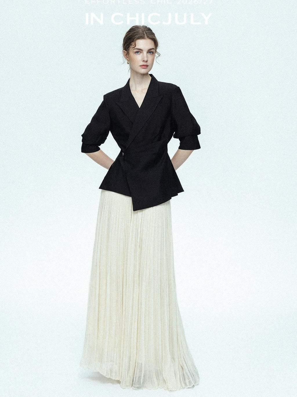 chicjuly Asymmetric Cinched Waist Cropped Women's Blazer Mid Sleeve Black Casual Jackets