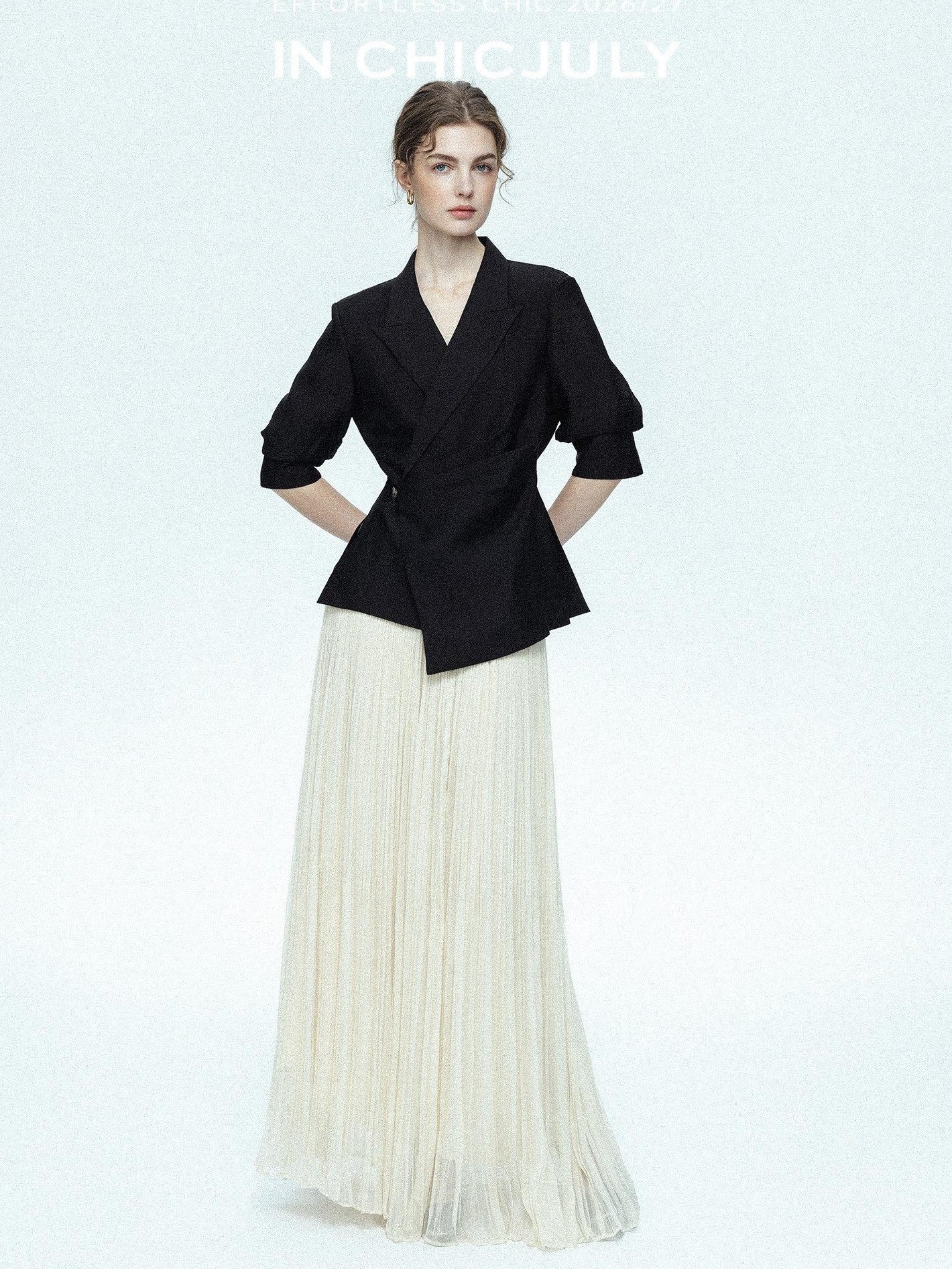 chicjuly Asymmetric Cinched Waist Cropped Women's Blazer Mid Sleeve Black Casual Jackets